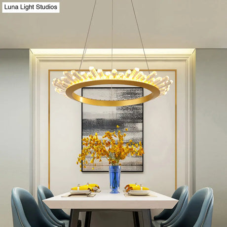Modern Black/Gold Ring Pendant Chandelier With Crystal Accents - Led Light In White/Warm Living Room
