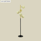 Modern Black-Gold Tree Floor Lamp With 5-Bulb Metal Stand And Beige/Milk White Glass Shade
