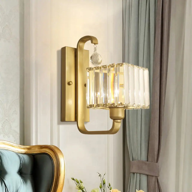 Modern Black/Gold Wall Sconce With Crystal Shade - Indoor Cubic Light Fixture Gold