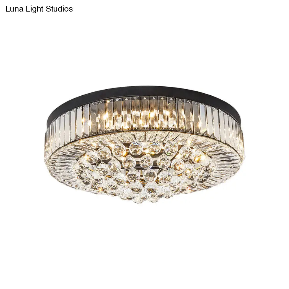 Modern Black Led Crystal Block Drum Ceiling Light Stepless Dimming 3 Color + Remote Control