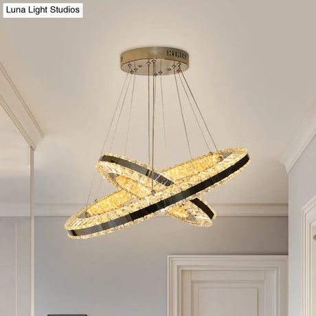 Modern Black Led Double Ring Parlor Hanging Lamp With Clear Crystals - Multi Pendant