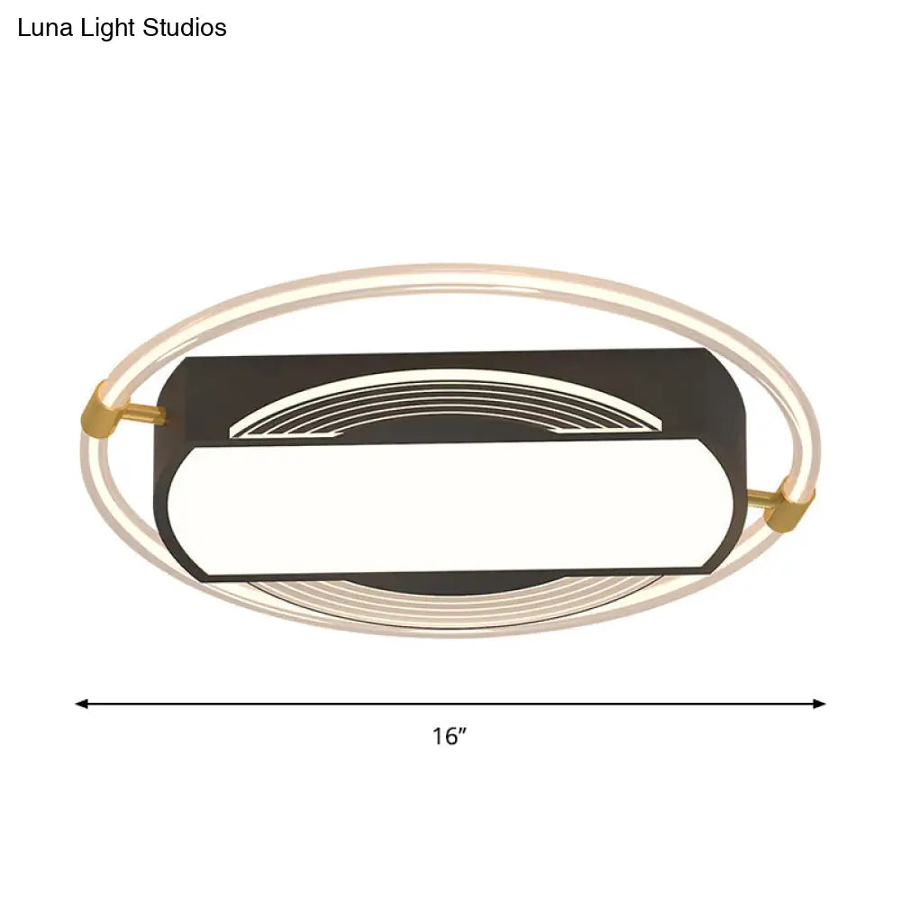 Modern Black Led Flush Mount Light For Bedrooms - Rectangle And Ring Acrylic Design