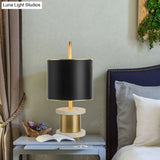 Modern Black Marble Reading Lamp With Fabric Drum Shade - Sleek Night Table Light 1 Head