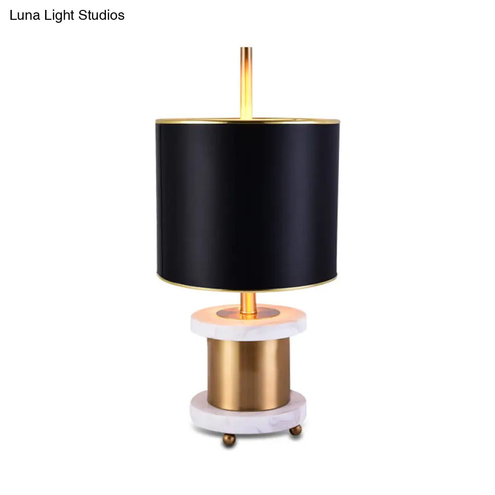 Modern Black Marble Reading Lamp With Fabric Drum Shade - Sleek Night Table Light 1 Head