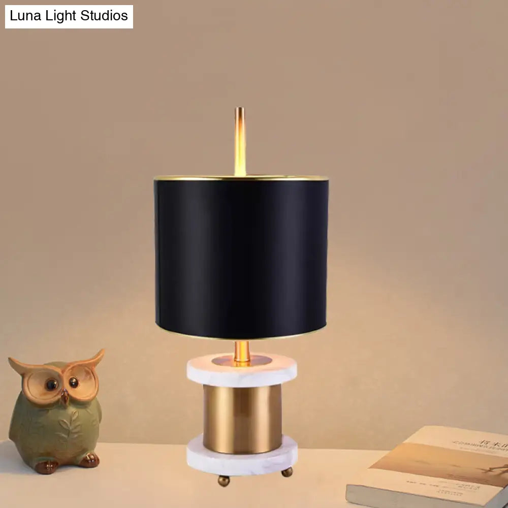 Modern Black Marble Reading Lamp With Fabric Drum Shade - Sleek Night Table Light 1 Head
