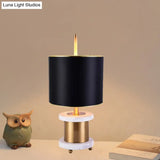 Modern Black Marble Reading Lamp With Fabric Drum Shade - Sleek Night Table Light 1 Head