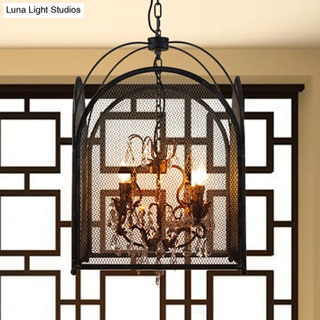 Modern Black Mesh Cage Chandelier Lamp With Crystal Accents - 4 Heads Hanging Light Kit For Living