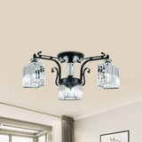 Modern Black Metal Ceiling Lamp: Scrolling Arm Semi Flush Mount With Clear Cubic Shade - Set Of 3