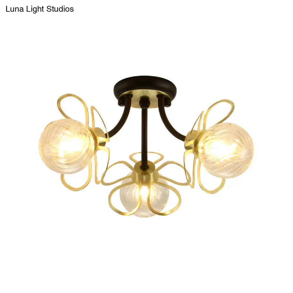 Modern Black Metal Floral Flush Mount With Clear Glass Shade - 3 Lights