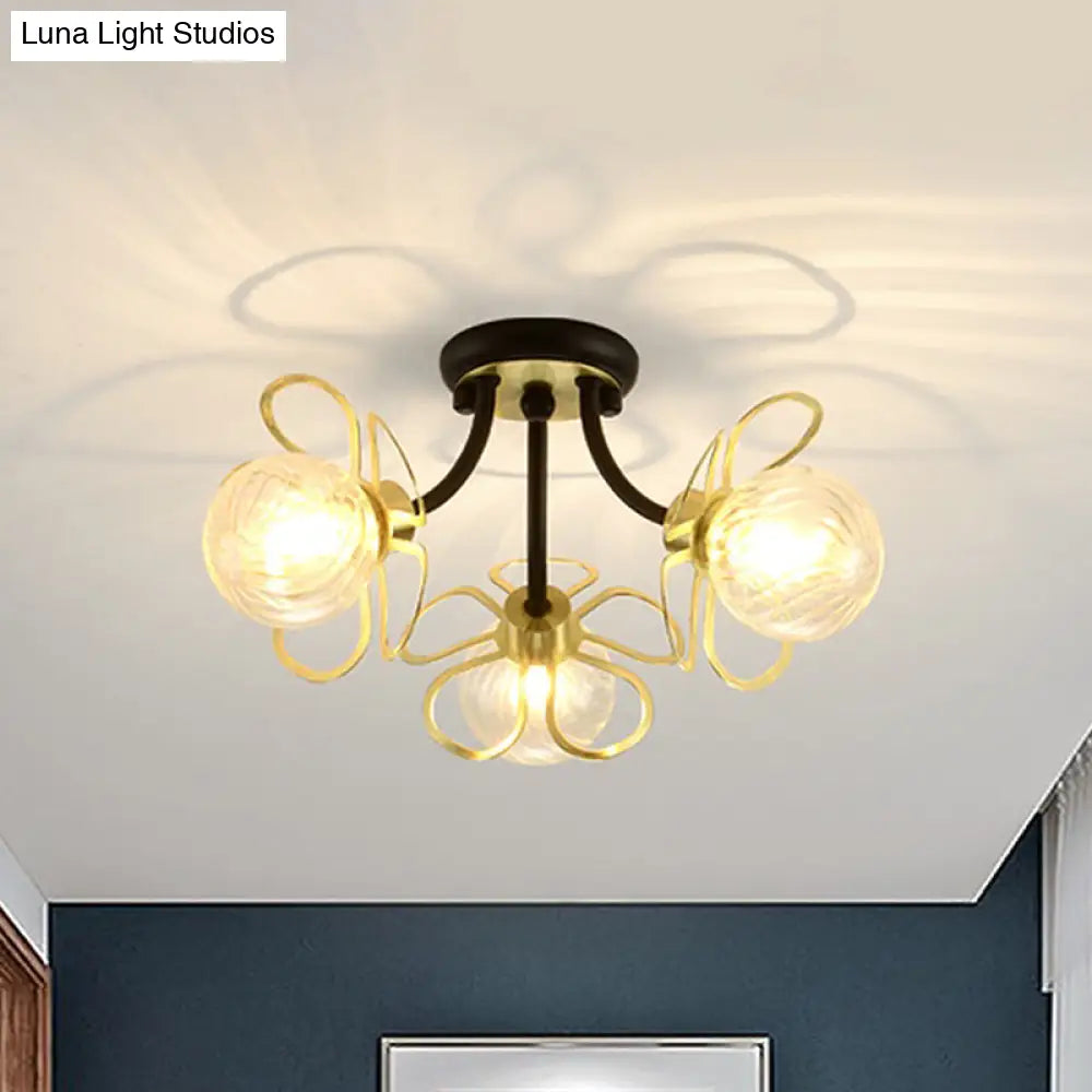 Modern Black Metal Floral Flush Mount With Clear Glass Shade - 3 Lights