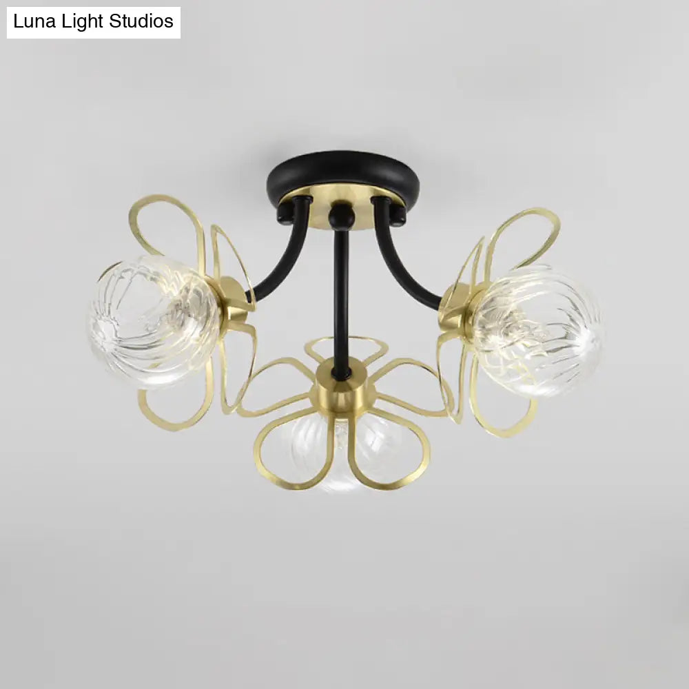 Modern Black Metal Floral Flush Mount With Clear Glass Shade - 3 Lights