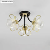 Modern Black Metal Floral Flush Mount With Clear Glass Shade - 3 Lights