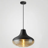 Modern Black Metal Pendant Light With Ribbed Glass Shade - 1-Light Hanging Lamp / 10.5’
