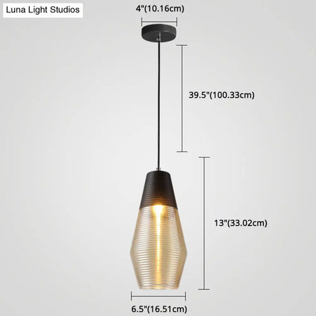 Modern Black Metal Pendant Light With Ribbed Glass Shade - 1-Light Hanging Lamp