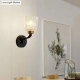 Modern Black Metal Sconce Light With Textured Glass Shade - 1 Conical Wall Lighting