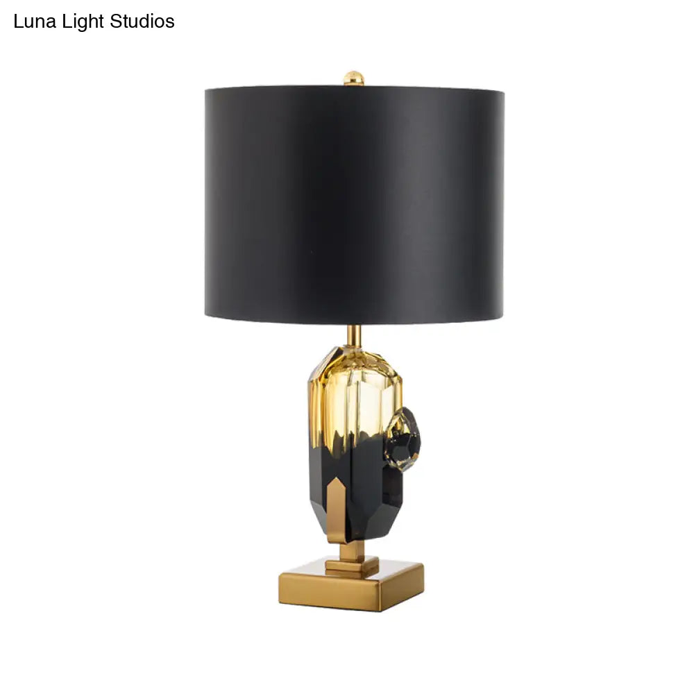 Modern Black Night Table Lamp With Crystal Base: Straight Sided Shade Fabric 1 Bulb