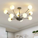 Modern Black Orb Semi Flushmount Light With 10 Bulbs & White Glass – Led Sputnik Ceiling Mount
