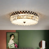 Modern Black Round Flush Mount Ceiling Light With 5 Clear Faceted Crystal Bulbs