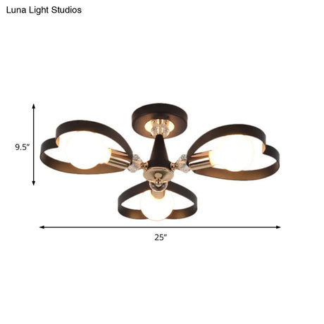 Modern Black Semi Flush Mount Ceiling Lamp With Heart Shade Crystal Ball - 3/6 Heads
