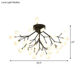 Modern Black Twig Ceiling Light With Round Flower Design - Creative Metallic Semi Flush For Cafes