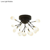 Modern Black Twig Ceiling Light With Round Flower Design - Creative Metallic Semi Flush For Cafes