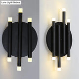 Modern Black Wall Light With Round Backplate - 6-Light Metal Lamp For Hallway And Bedside