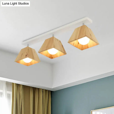 Modern Black/White Linear Semi Flushmount Lamp With Trapezoid Wooden Shade