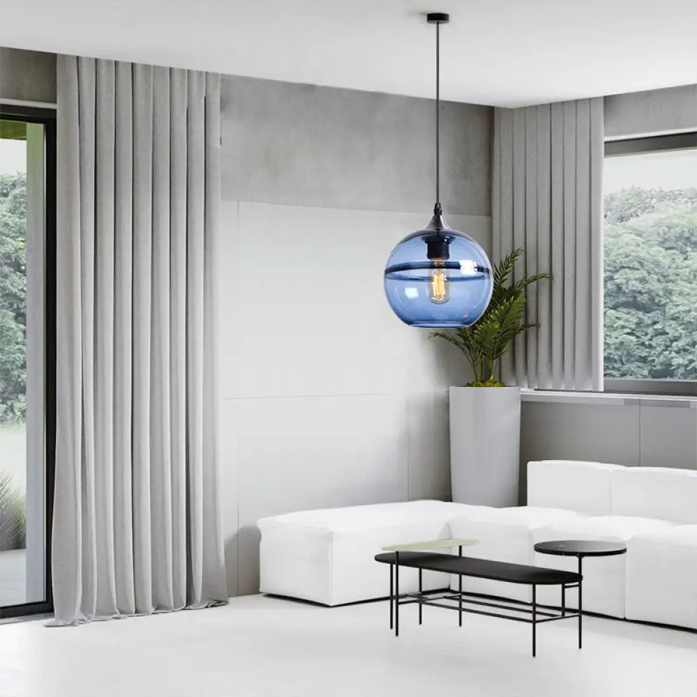 Modern Blue/Clear Glass Globe Pendant Dining Room Light - 1 Head 8/10/12 Wide