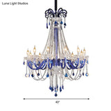 Modern Blue Crystal Candle Chandelier | 12-Light Hanging Ceiling Lamp For Balcony