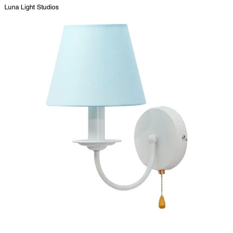 Modern Blue Fabric Tapered Shade Wall Light With Pull Chain - Dining Room Sconce