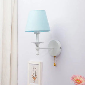 Modern Blue Fabric Tapered Shade Wall Light With Pull Chain - Dining Room Sconce / Straight