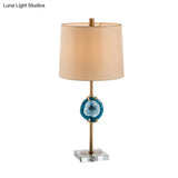 Modern Blue Night Table Lamp With Barrel Fabric Shade - Head Living Room Desk Light