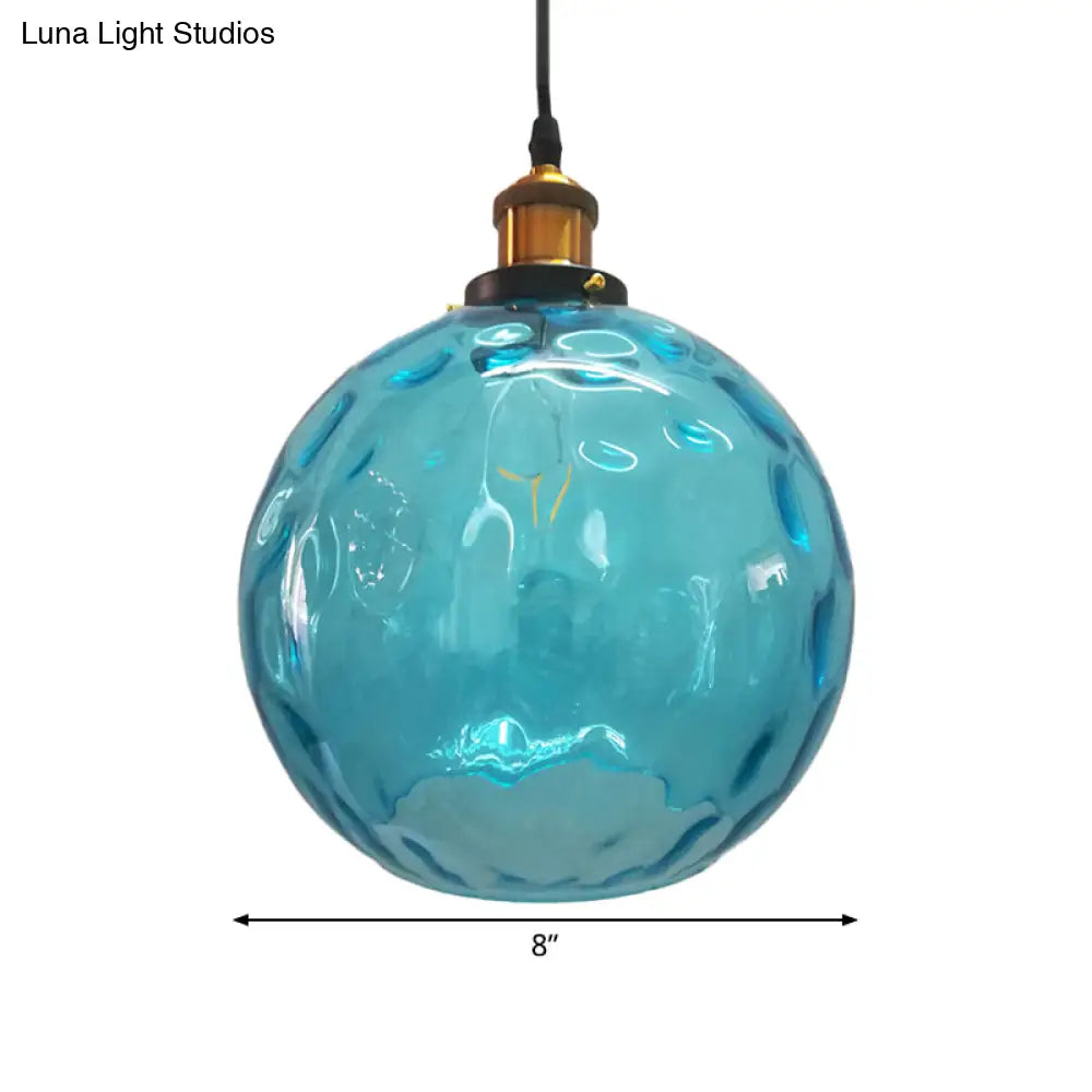 Modern Blue Rippled Glass Ball Hanging Light With Brass Ceiling Suspension - 1 (8’/10’/12’ Sizes)