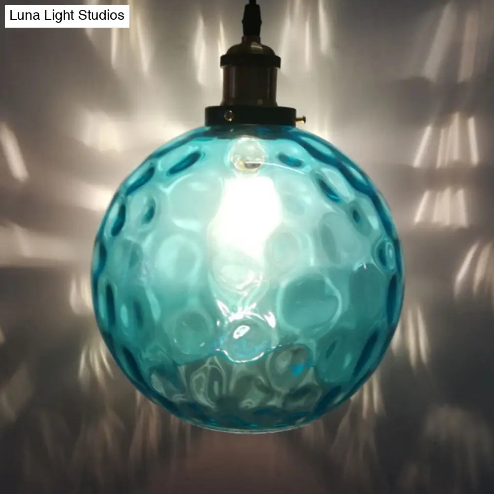Modern Blue Rippled Glass Ball Hanging Light With Brass Ceiling Suspension - 1 (8’/10’/12’ Sizes)