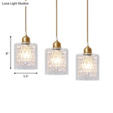 Modern Brass Cylinder Pendant Light With Prismatic Glass Shade - 3 Lights Linear/Round Canopy