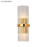 Modern Brass Finished Wall Mounted Sconce Lighting With Clear Crystal Shade - Set Of 2