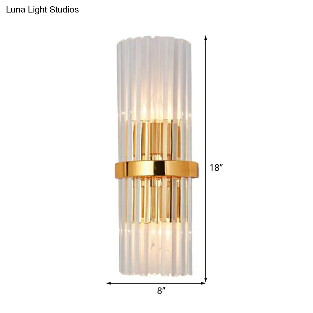 Modern Brass Finished Wall Mounted Sconce Lighting With Clear Crystal Shade - Set Of 2