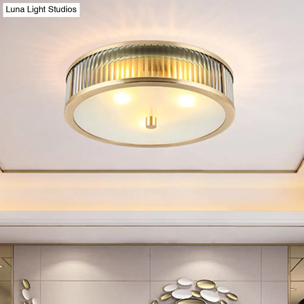 Modern Brass Flush Mount Ceiling Light – Simplicity Drum Shape Ribbed Clear Glass For Bedroom
