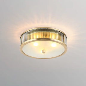 Modern Brass Flush Mount Ceiling Light – Simplicity Drum Shape Ribbed Clear Glass For Bedroom 3 /