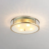Modern Brass Flush Mount Ceiling Light – Simplicity Drum Shape Ribbed Clear Glass For Bedroom 4 /