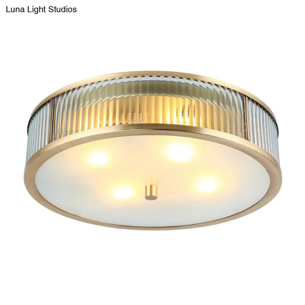 Modern Brass Flush Mount Ceiling Light – Simplicity Drum Shape Ribbed Clear Glass For Bedroom