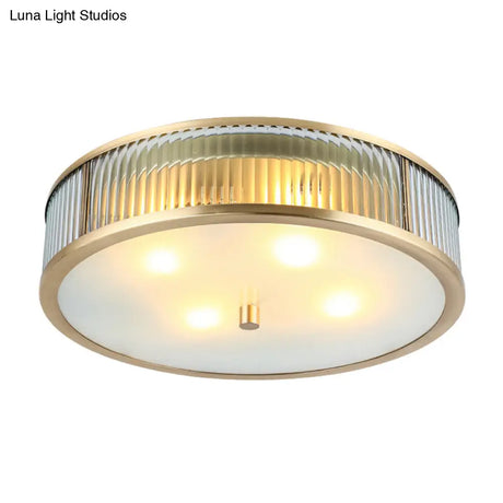 Modern Brass Flush Mount Ceiling Light – Simplicity Drum Shape Ribbed Clear Glass For Bedroom