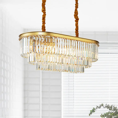 Modern Brass Island Pendant Light With Oval Crystal Shade - 8-Light Dining Room Hanging Lamp Kit