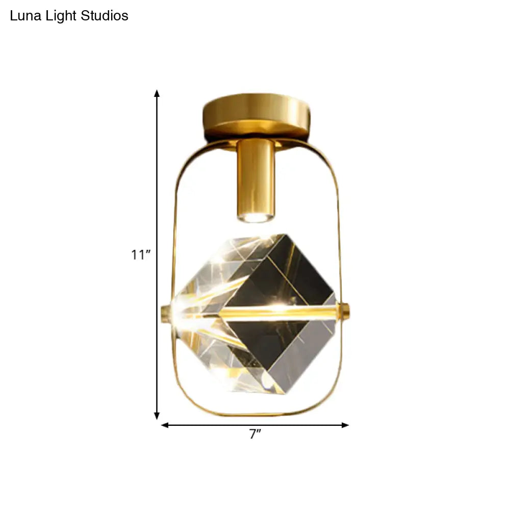 Modern Brass Led Ceiling Flush Mount Crystal Cube Semi Light Fixture