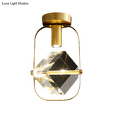 Modern Brass Led Ceiling Flush Mount Crystal Cube Semi Light Fixture