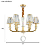 Modern Brass Pendant Light Fixture With Clear Crystal Cone Shade - 6 Chandelier For Bedroom