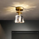 Modern Brass Semi Flush Ceiling Light - Clear Bevel Cut Glass Irregular Half Sphere Design