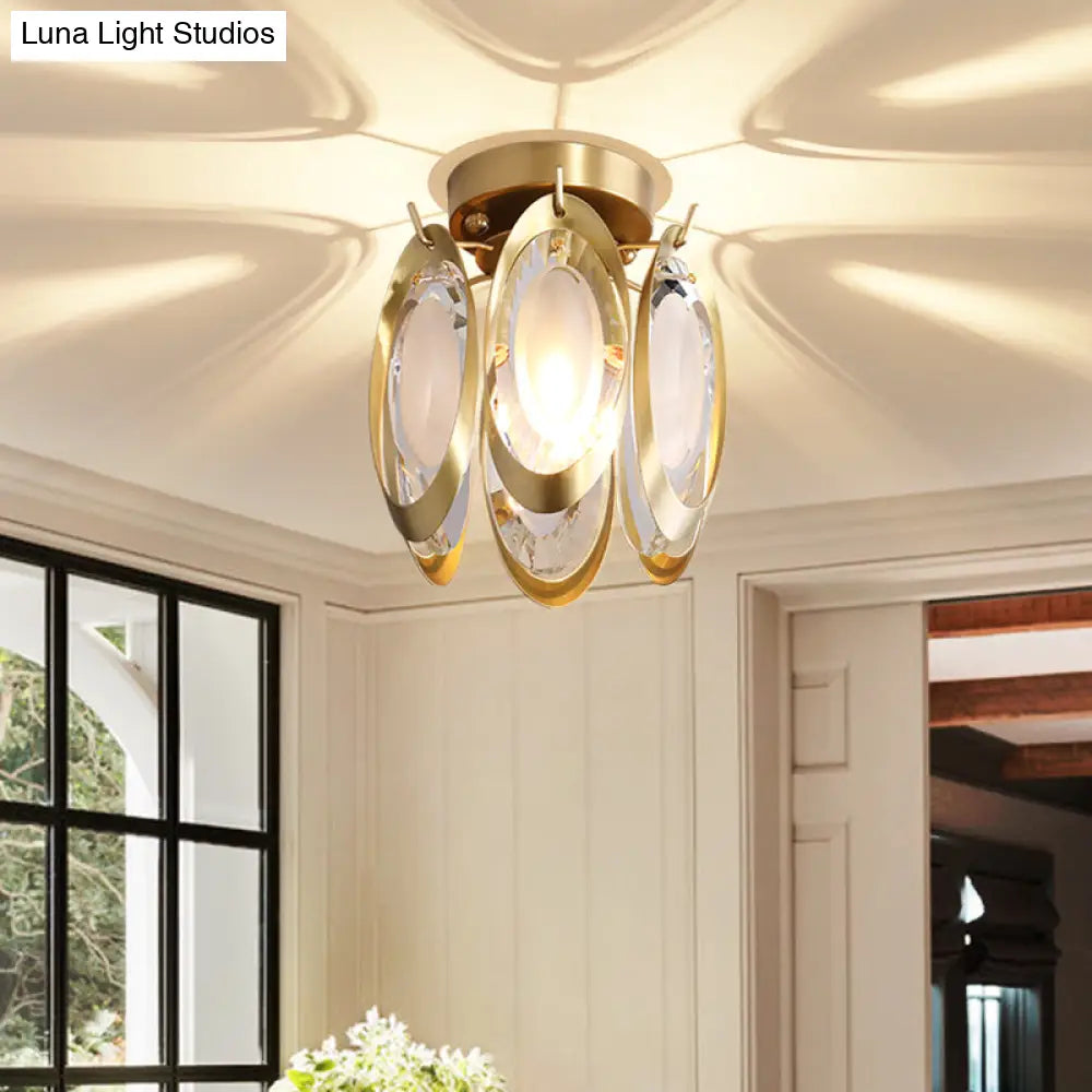 Modern Brass Semi Flush Mount Ceiling Light With Oval Metal And Crystal Accent