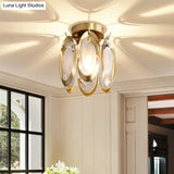 Modern Brass Semi Flush Mount Ceiling Light With Oval Metal And Crystal Accent