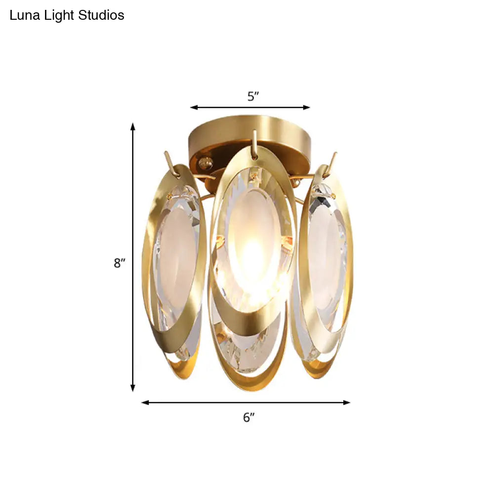Modern Brass Semi Flush Mount Ceiling Light With Oval Metal And Crystal Accent
